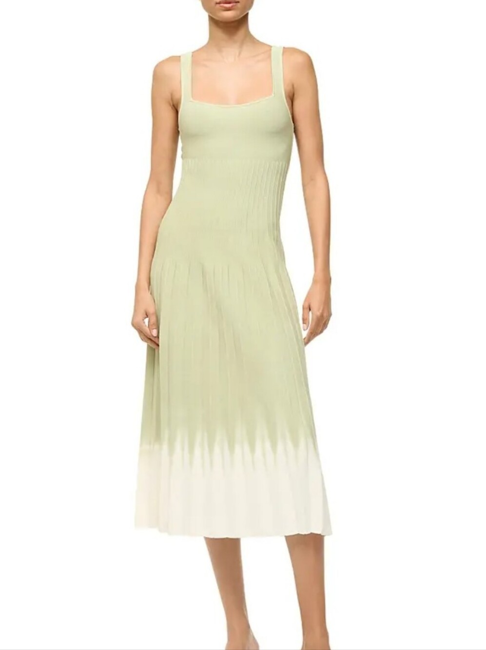 STAUD Olive Green to Cream Pleated Tank Midi Dress Sz L